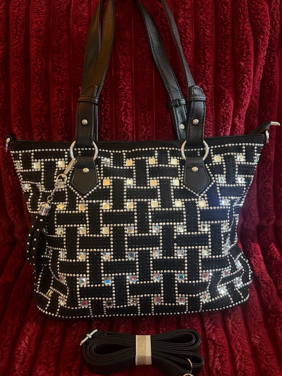 The Unbranded Brand Handbags - Black Studded Tote with Crystal Lattice Detail
